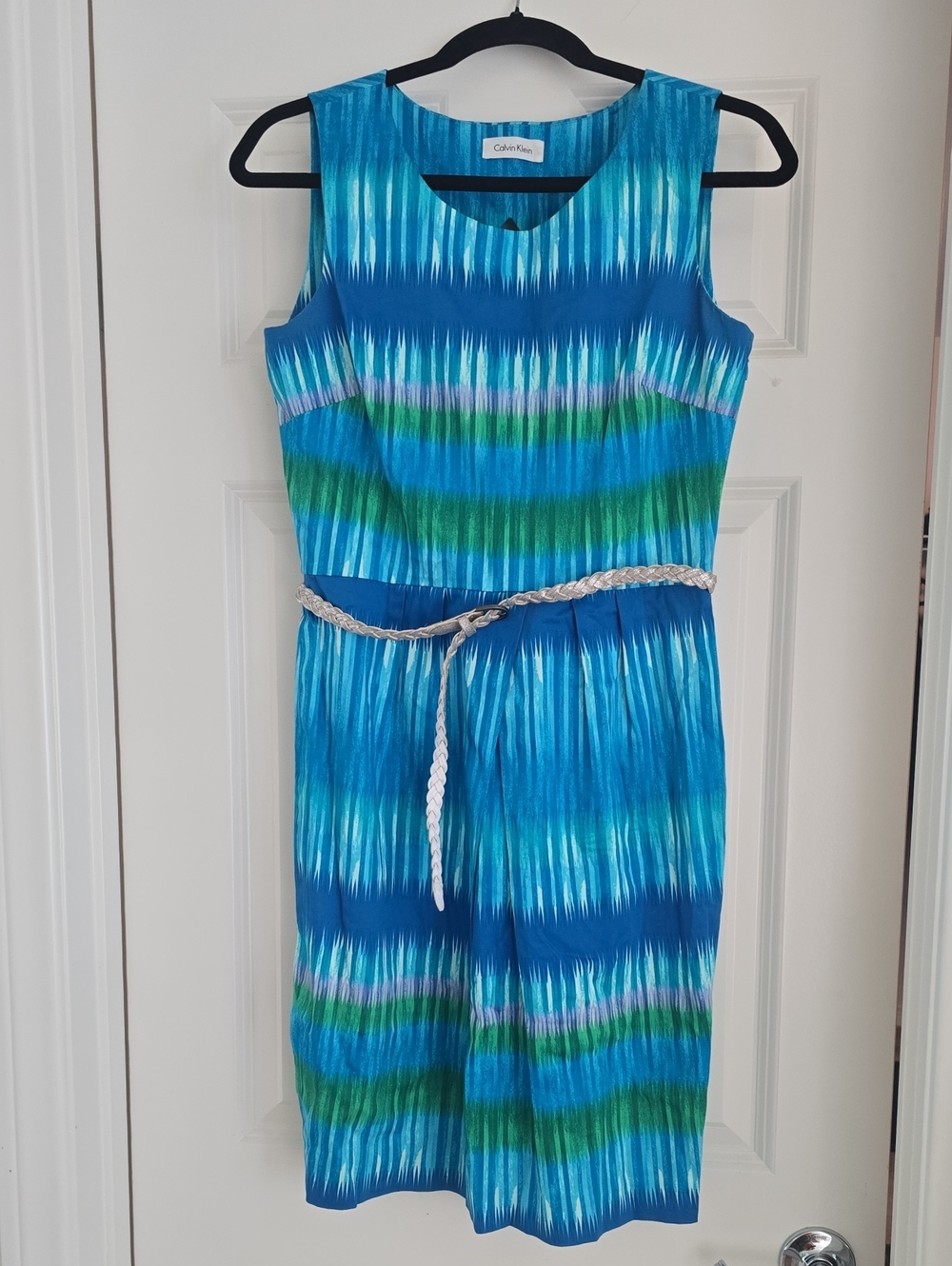 Calvin Klein Blue, Aqua & Green Striped Sleeveless Dress